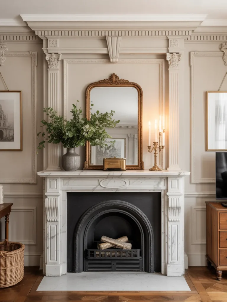 Elegant classic fireplace with marble mantel and gold-framed mirror.