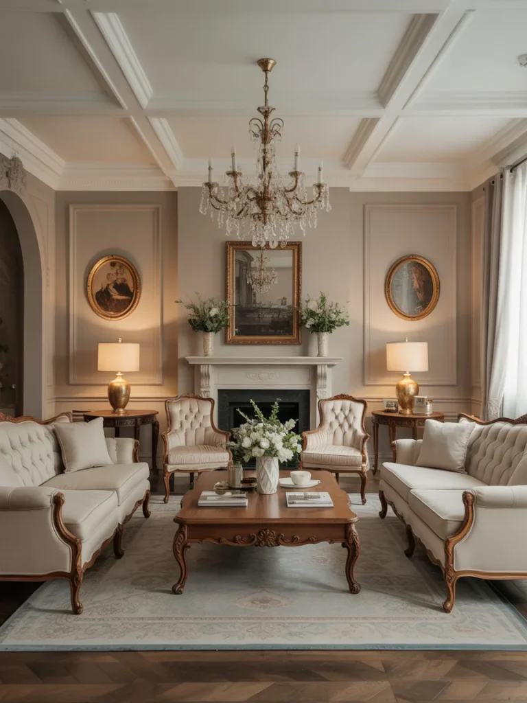 Classic living room with ornate wooden furniture and chandelier.