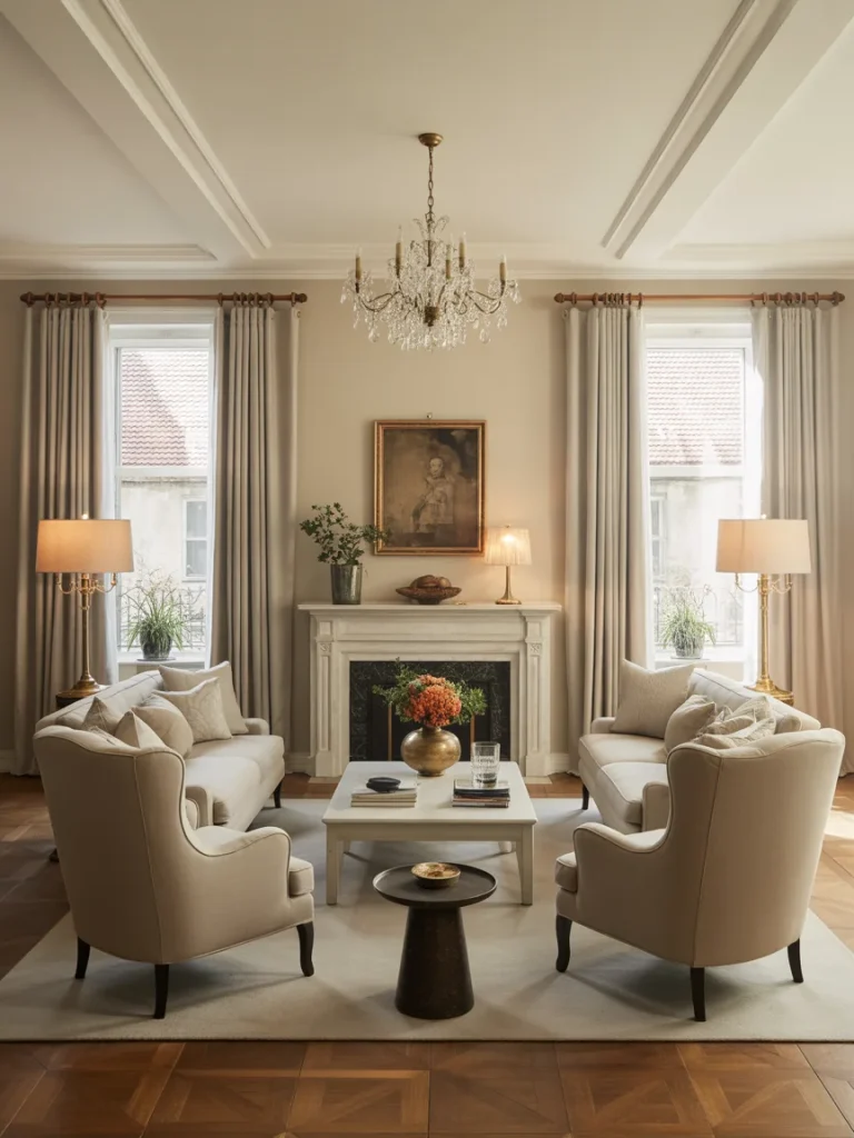 Symmetrical classic living room with neutral furniture and elegant chandelier.