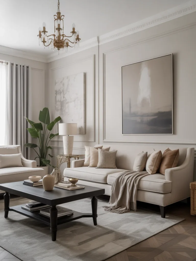 Elegant living room blending classic architecture with modern furniture and decor.