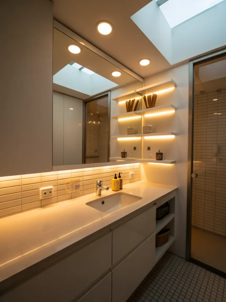 Modern small bathroom with warm LED lighting, floating shelves, and a skylight above the vanity.