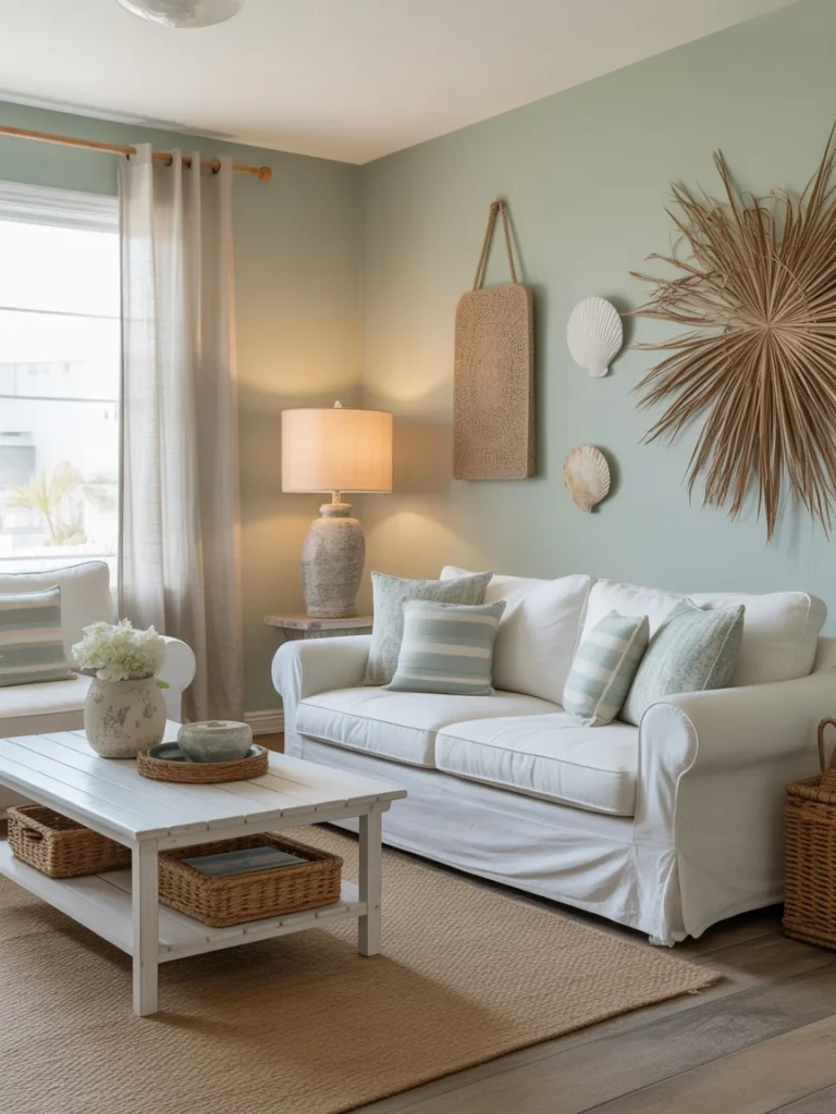 Coastal sage green living room with white furniture and natural decor accents.