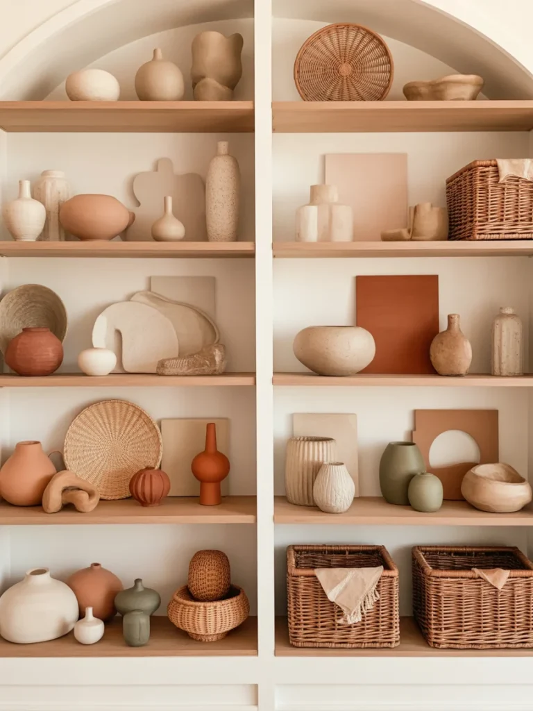Boho-style built-in shelves decorated with neutral-toned ceramics, woven baskets, and minimalist pottery.
