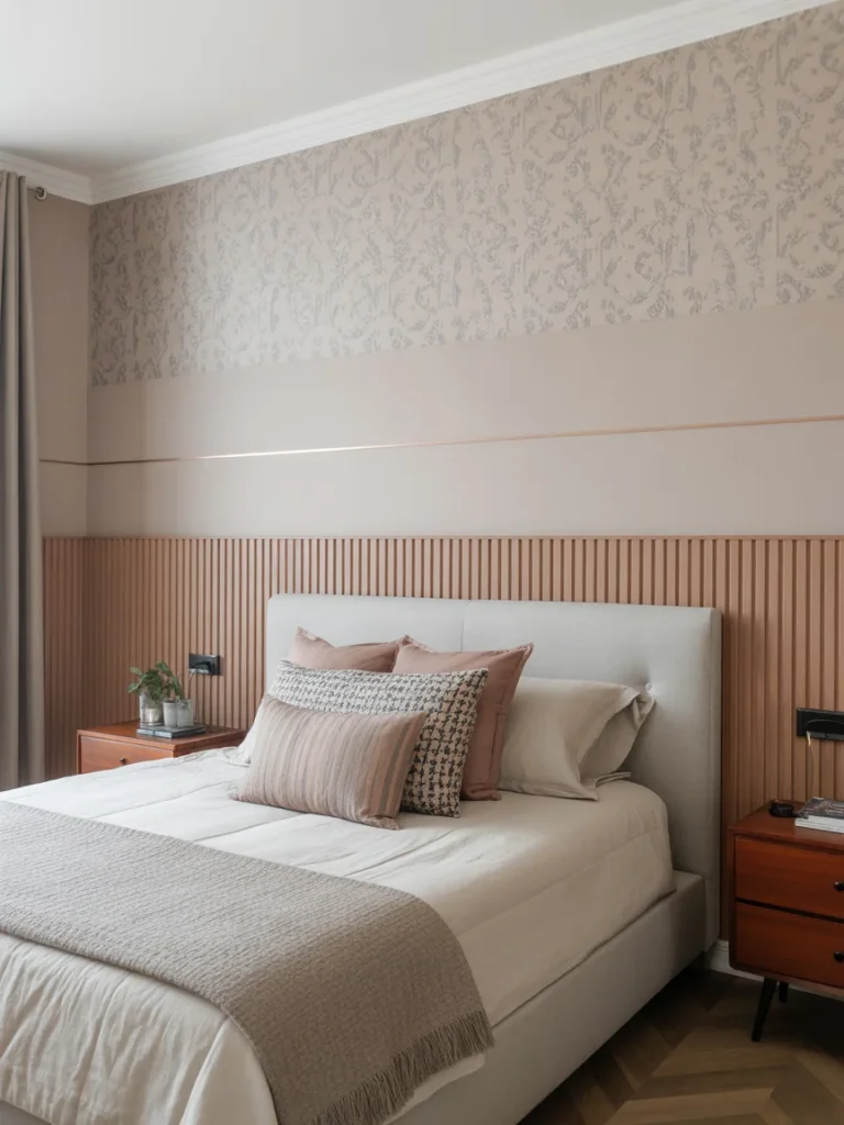 Bedroom with mixed accent wall design featuring wood paneling and wallpaper.