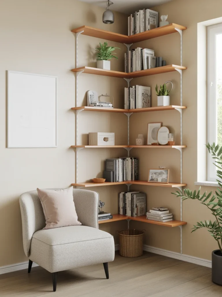 Corner bookshelf mounted on two walls with wooden shelves and white brackets, styled with books, plants, and decor beside a cozy accent chair.