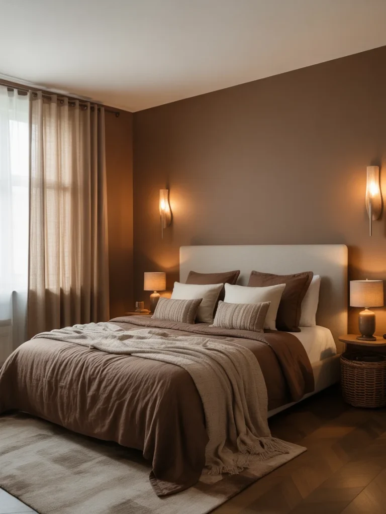 Cozy brown and beige bedroom with warm lighting and layered bedding.