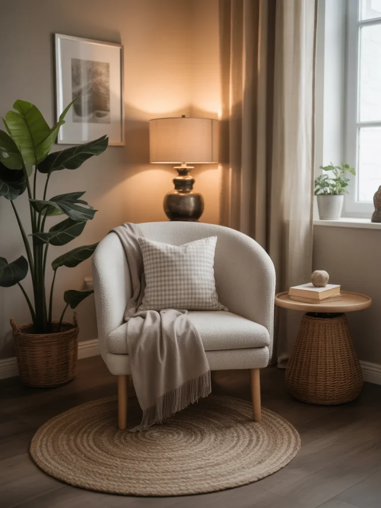 Cozy corner reading nook with a soft cream armchair, throw blanket, round jute rug, warm lamp lighting, and natural decor