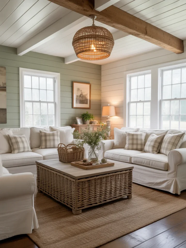 Cozy farmhouse living room with sage green shiplap walls and white sofas.