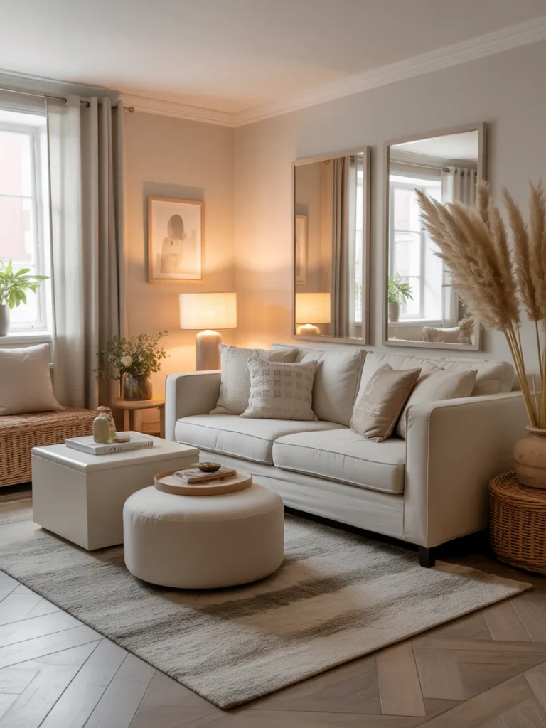 Small cozy living room with neutral tones and warm lighting.