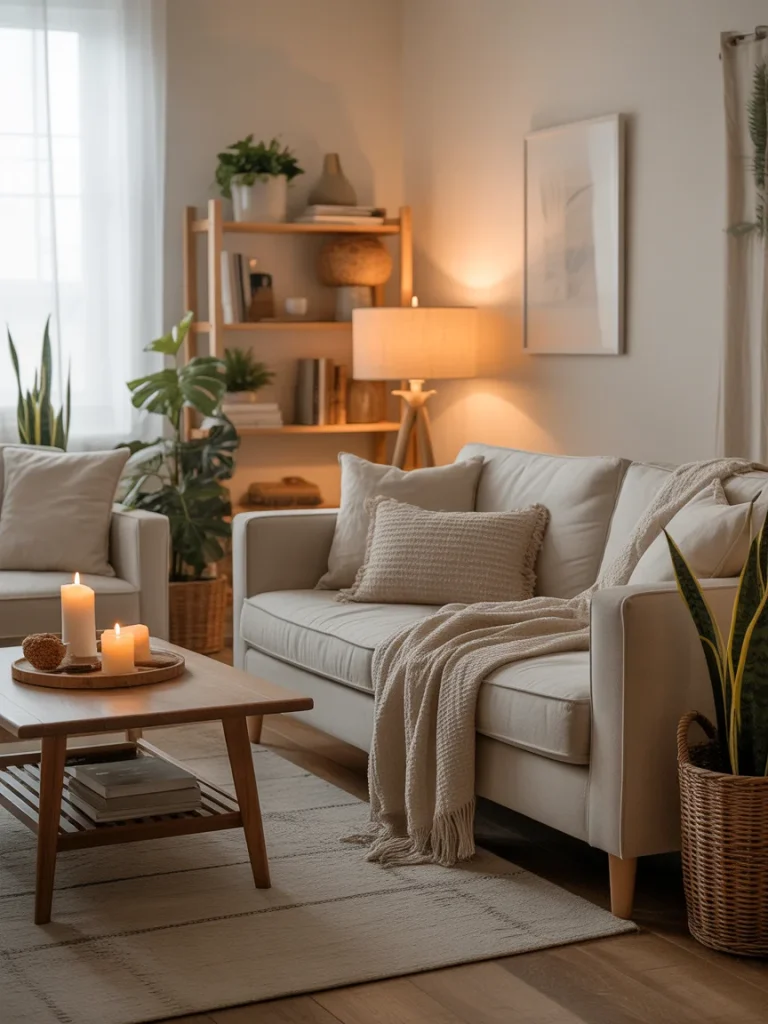 Cozy living room with neutral tones, soft lighting, and warm wooden accents.