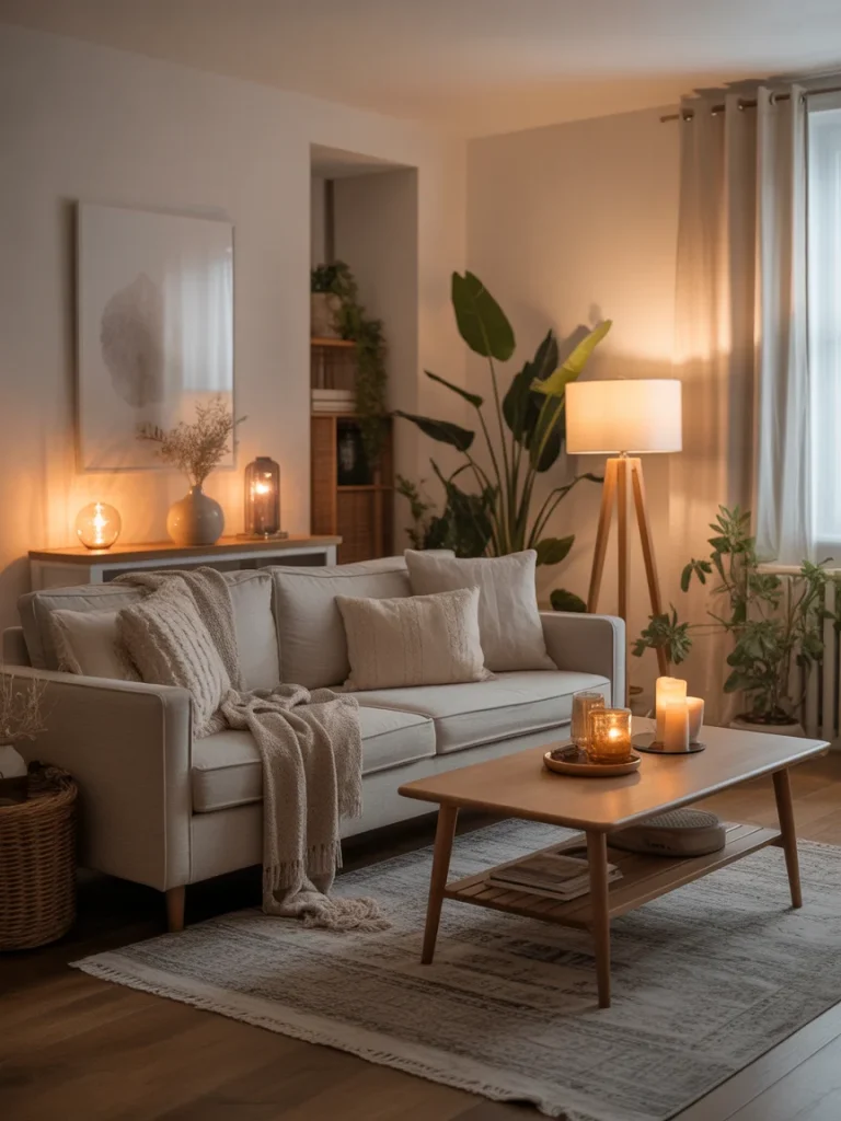 Warm and cozy living room with candles, soft lighting, and neutral-toned furniture.