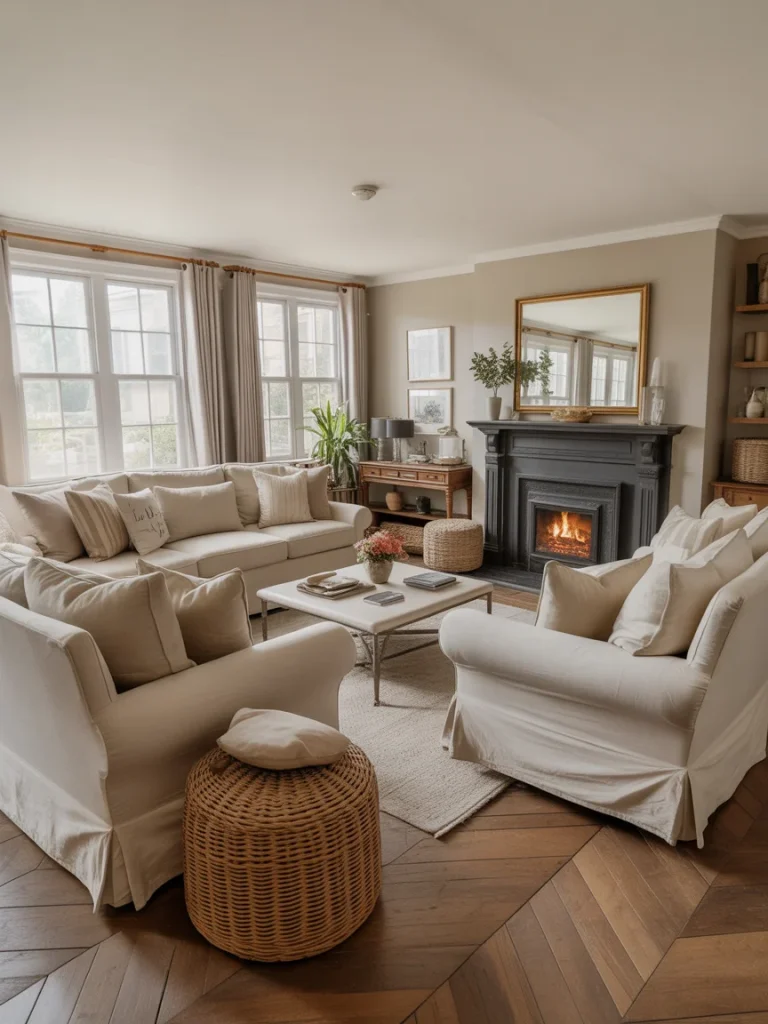 Neutral living room with cozy furniture and fireplace.