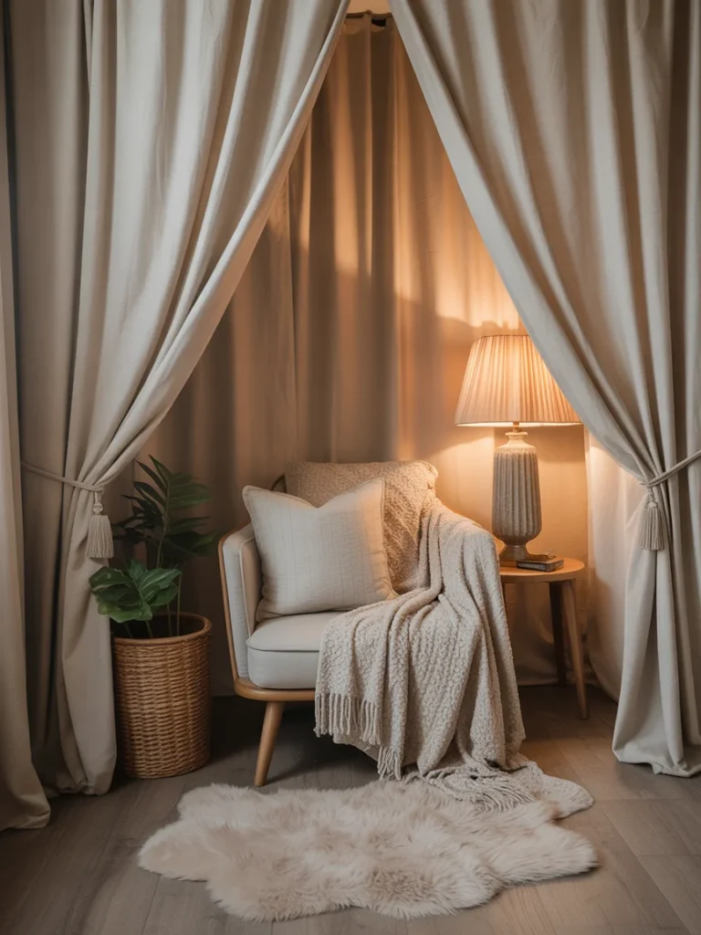 Cozy reading nook with soft throw blankets, plush pillows, warm lamp lighting, and layered neutral textiles