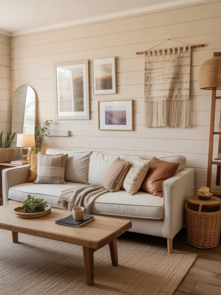 Neutral living room with cozy wall art and woven decor.