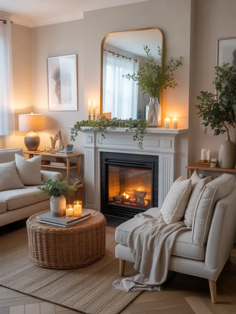 Cozy living room with a decorated fireplace and neutral tones.
