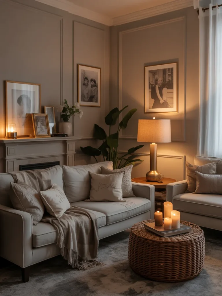 Warm and cozy living room with soft lighting, candles, and neutral decor.