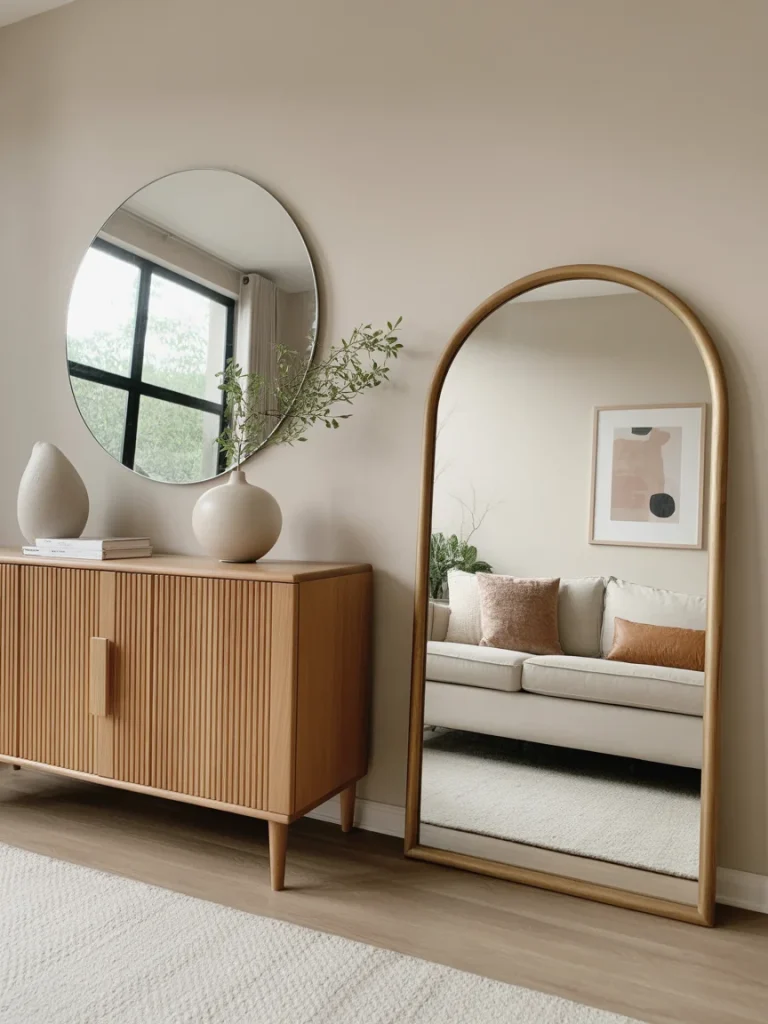 Modern living room with a round wall mirror and an arched floor mirror.