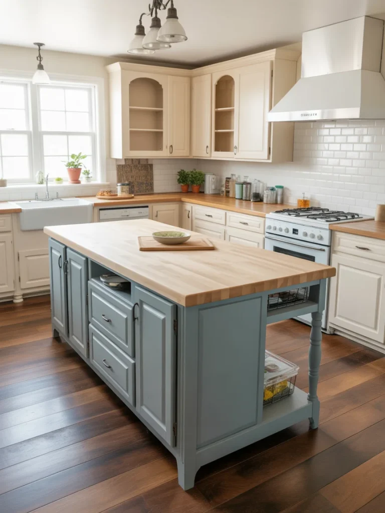 Light and airy farmhouse-style kitchen featuring a custom blue island with a butcher-block countertop and built-in storage.
