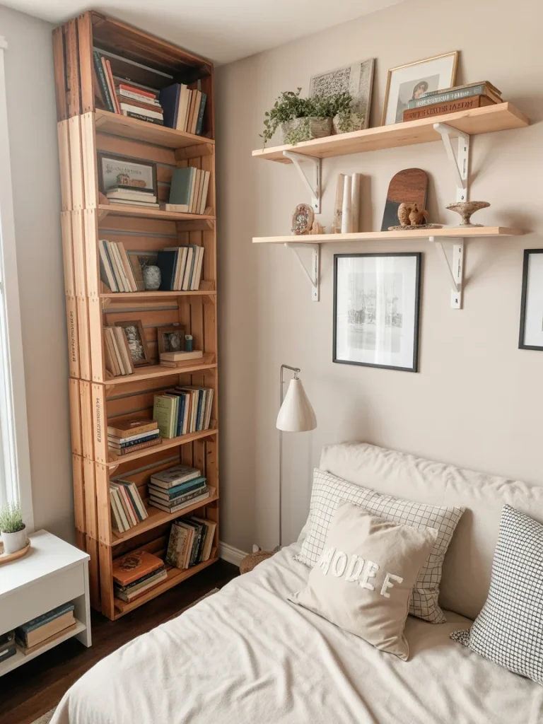 DIY wooden crate bookshelf stacked vertically beside a cozy bed in a small bedroom.