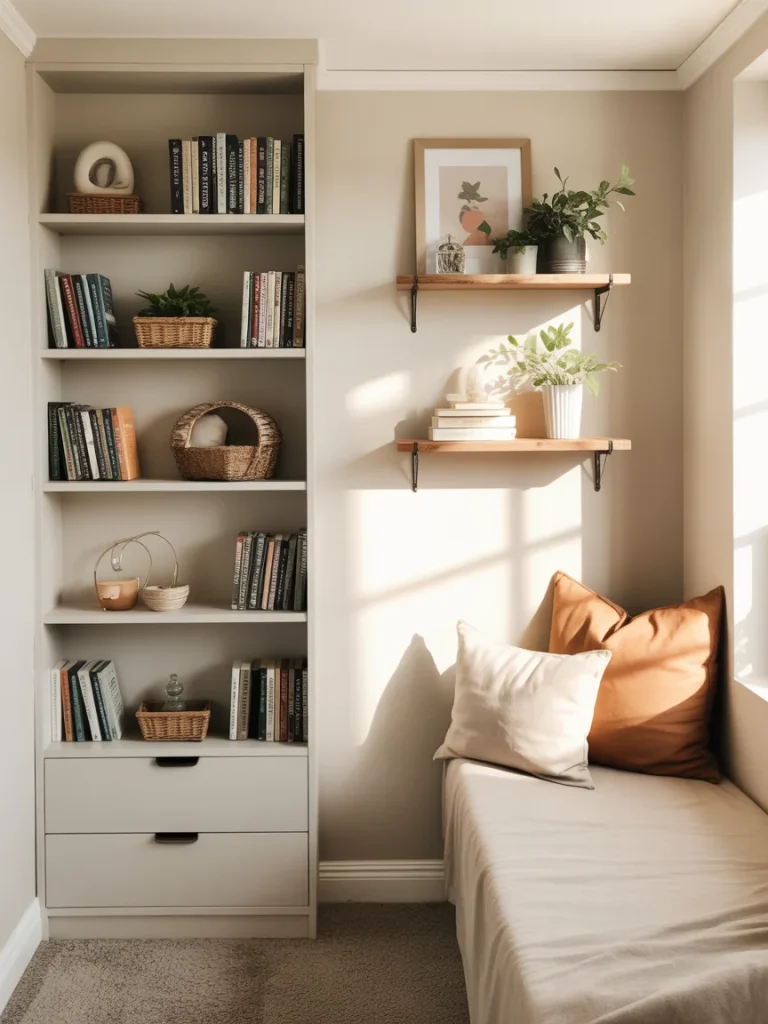 DIY reading nook with built-in shelves, cozy bench seating, warm pillows, and decorative plants.