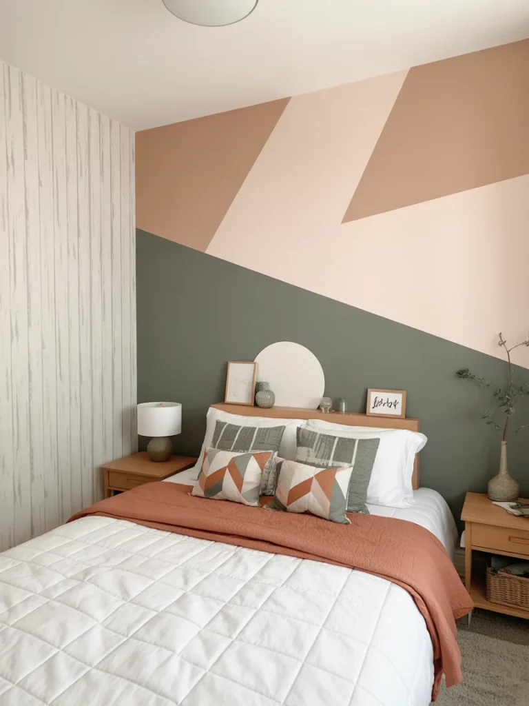 DIY bedroom accent wall with geometric paint design in soft earthy tones.