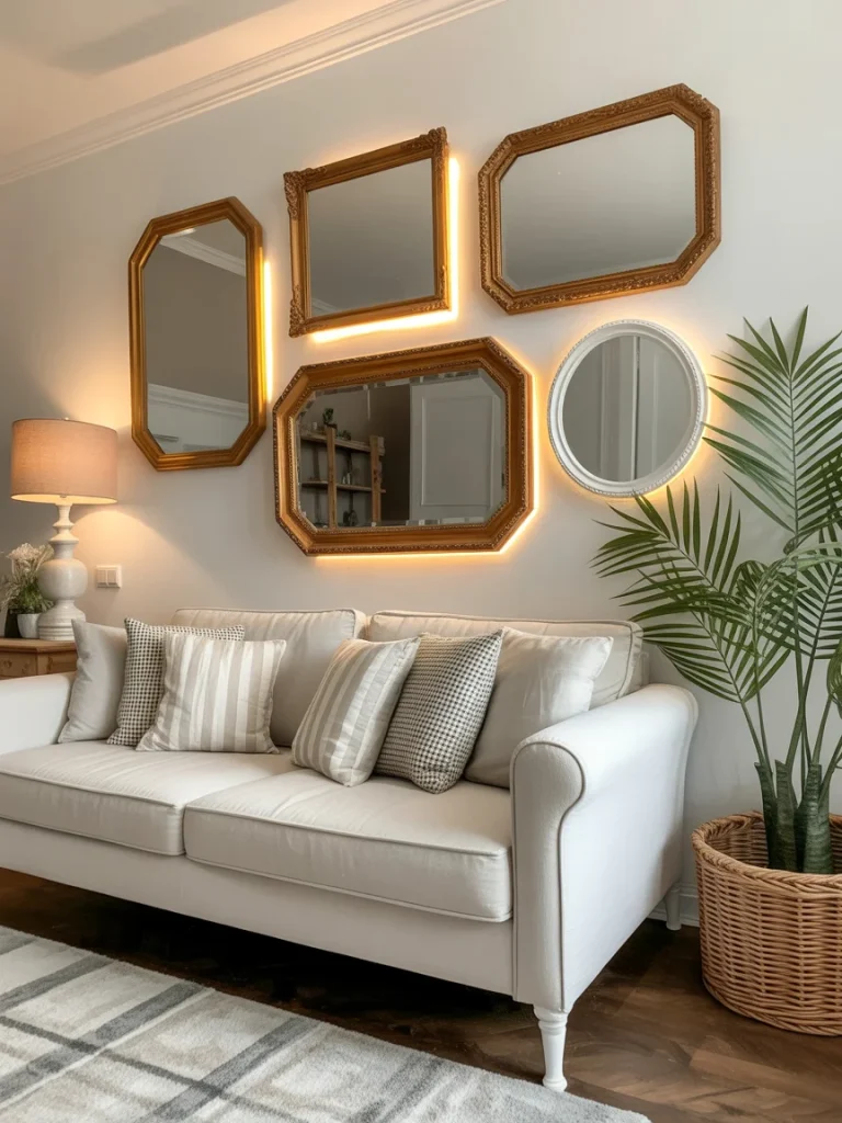 Eclectic living room with custom mirrors in various shapes and warm lighting.