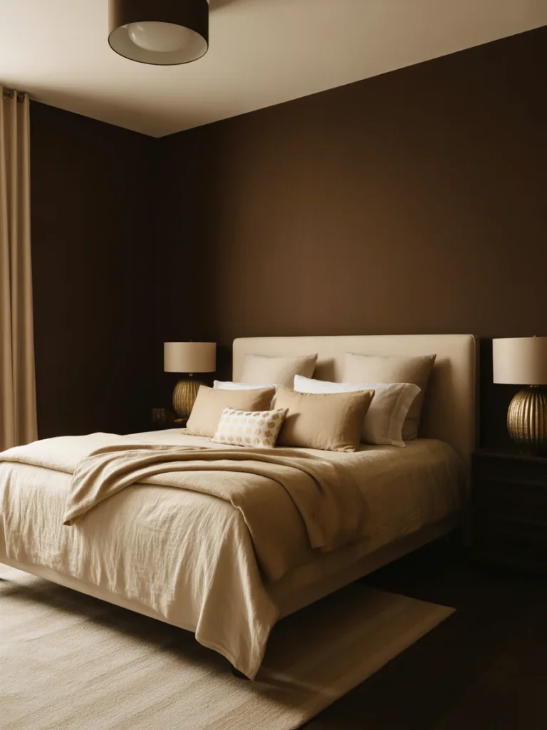 Dark brown bedroom with beige bedding and modern lighting for a sophisticated look.