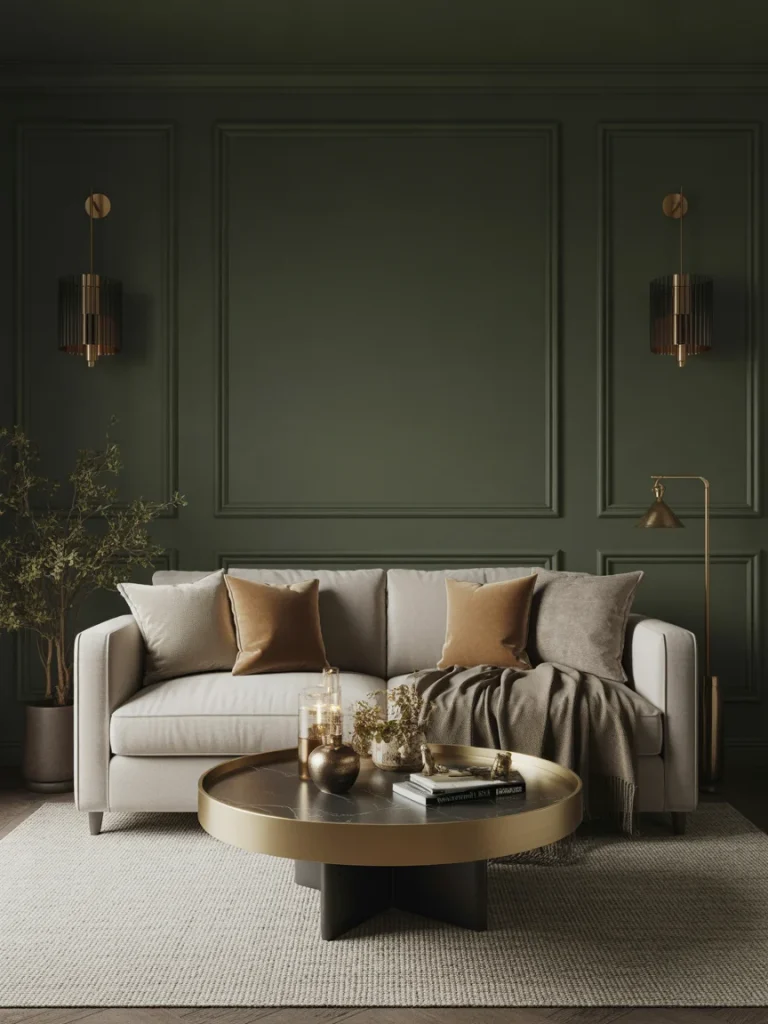 Dark sage green living room with gold accents and modern decor.