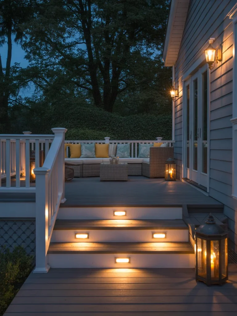 Cozy deck and patio with built-in step lighting and wall lanterns creating a warm evening ambiance.