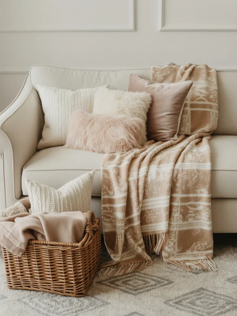 Beige sofa styled with cozy throws and textured pillows.