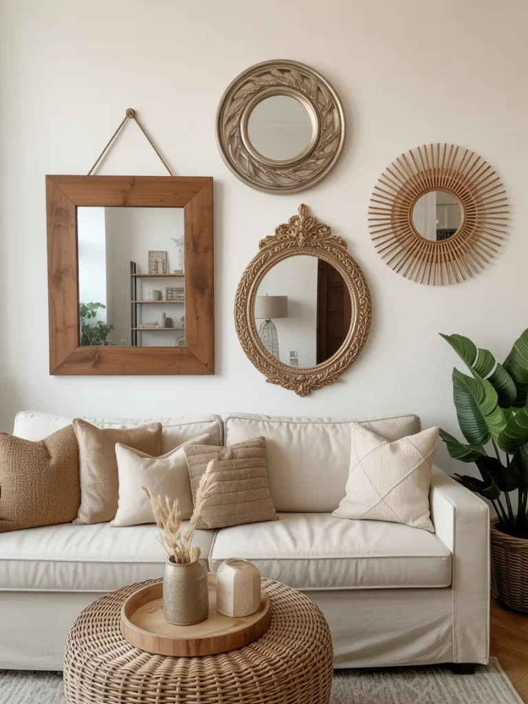 Cozy living room with a mix of decorative framed mirrors above a neutral sofa.