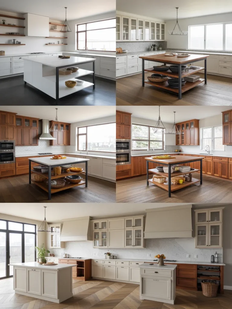Collage of modern, rustic, and traditional kitchen island designs showcasing different styles and finishes.