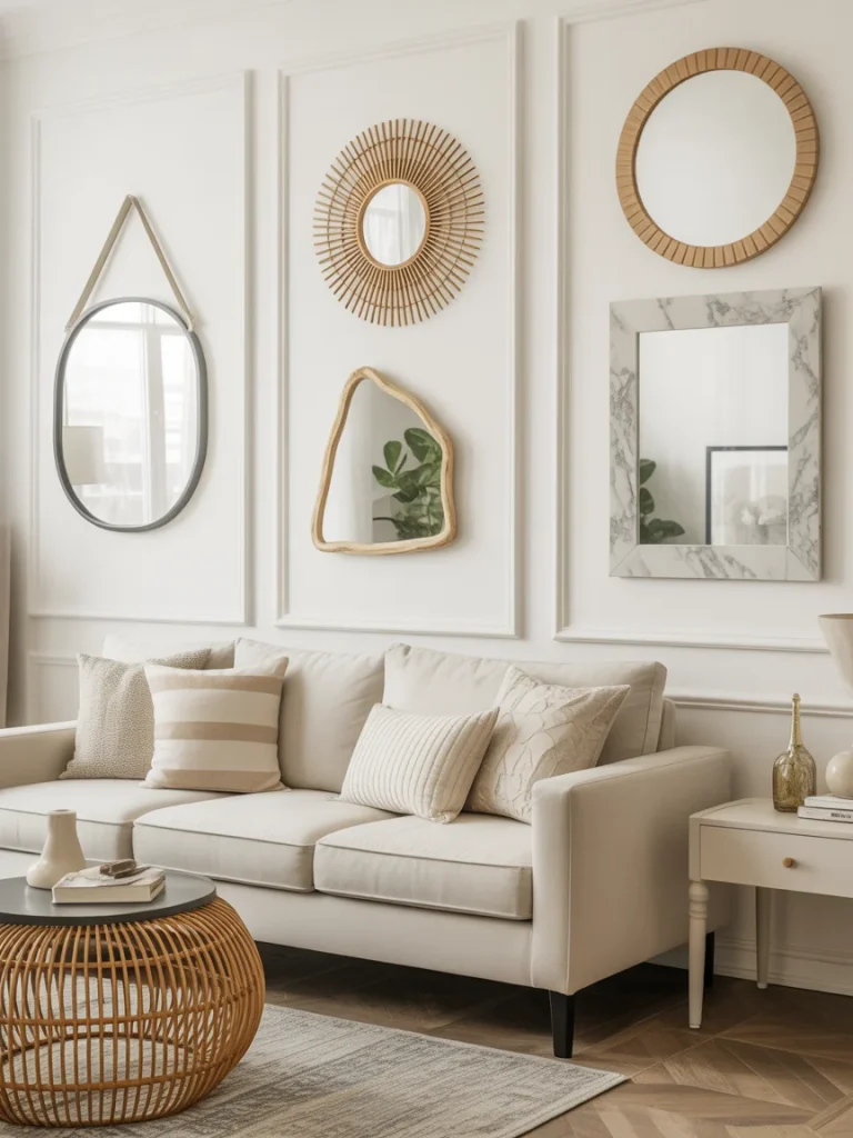 Neutral-toned living room with a mix of modern and artistic mirror styles above the sofa.
