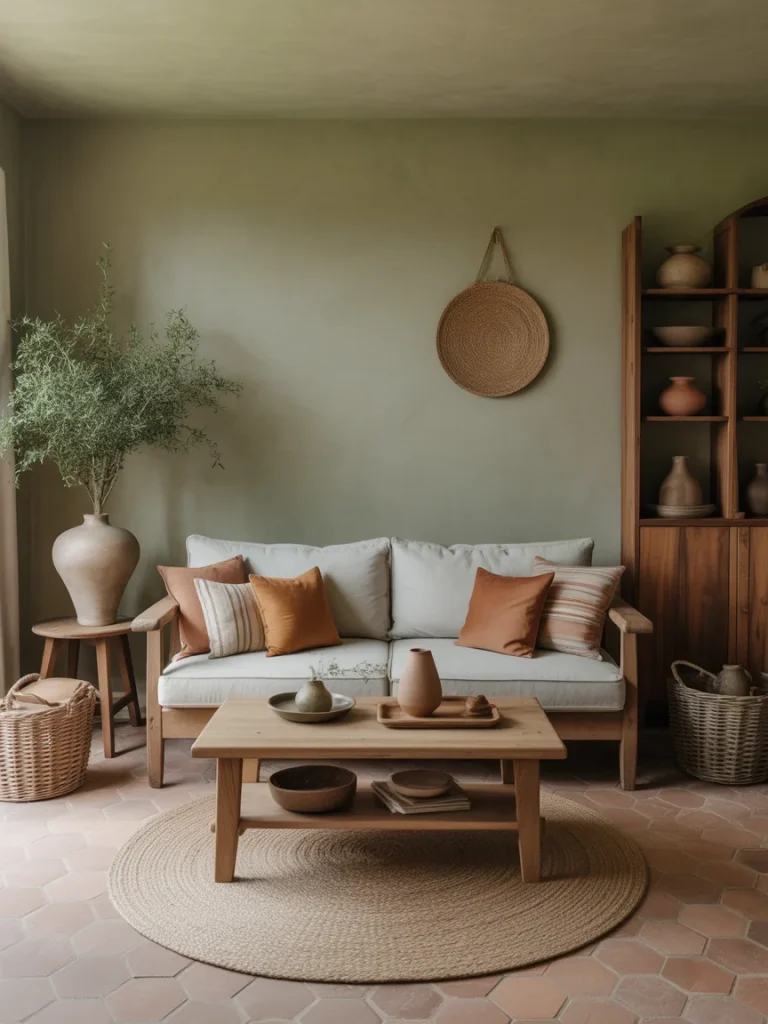 Earthy sage green living room with terracotta accents and natural textures.