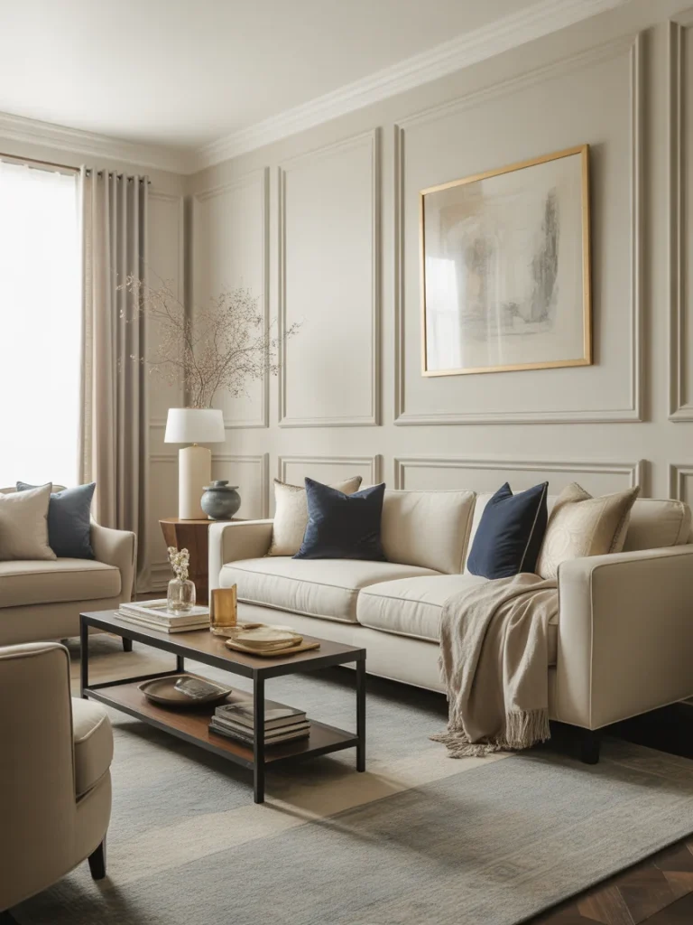 Elegant neutral living room with beige walls, navy accents, and classic decor.