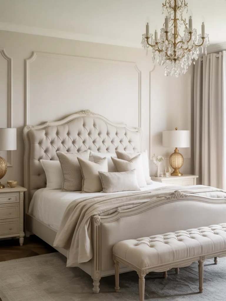 Elegant farmhouse bedroom with tufted headboard and chandelier lighting.