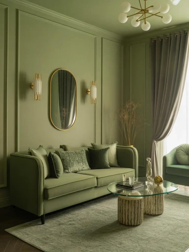Elegant sage green living room with gold accents and modern decor.