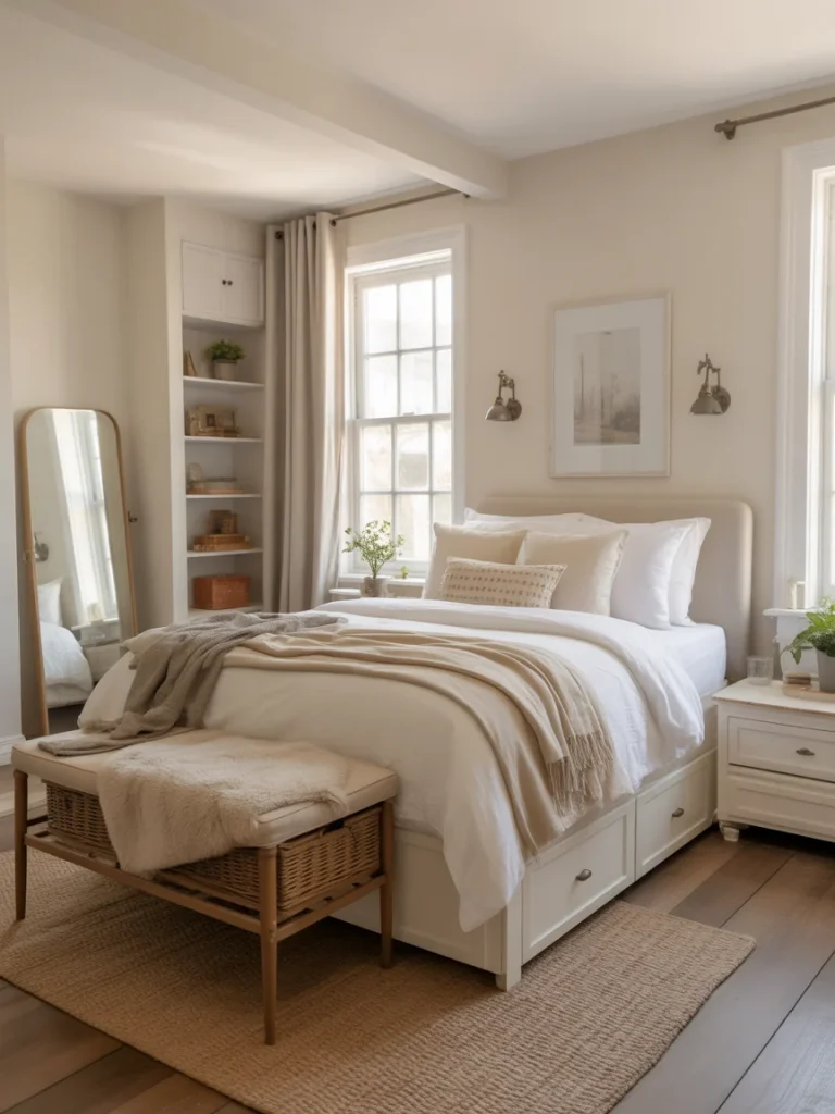 Cozy farmhouse bedroom designed for small spaces with neutral tones and smart storage.