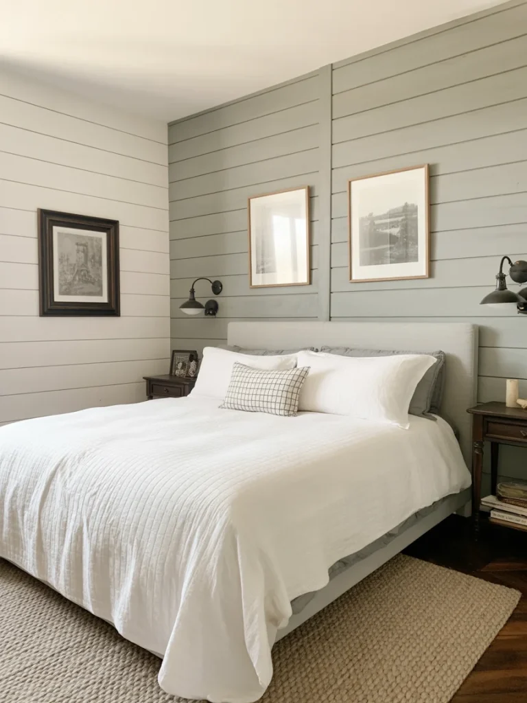 Farmhouse bedroom with shiplap walls and simple neutral decor.