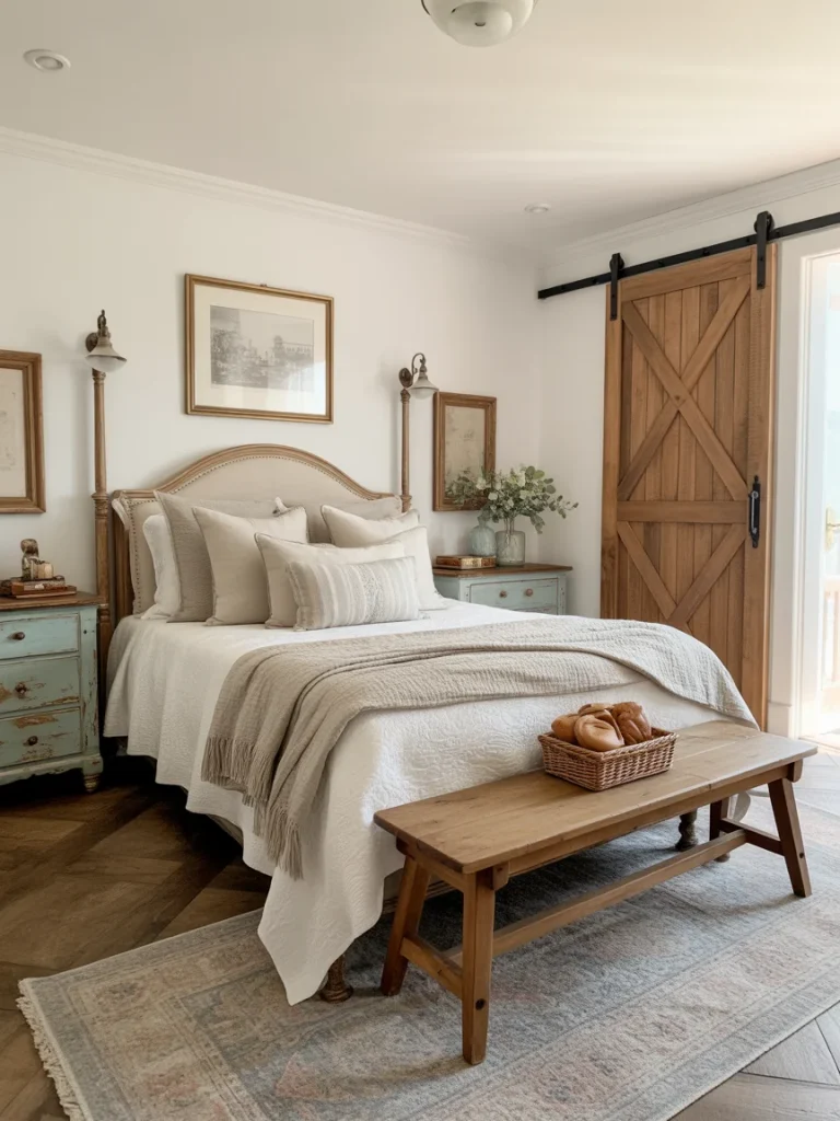 Cozy farmhouse bedroom with wooden furniture and rustic decor accents.