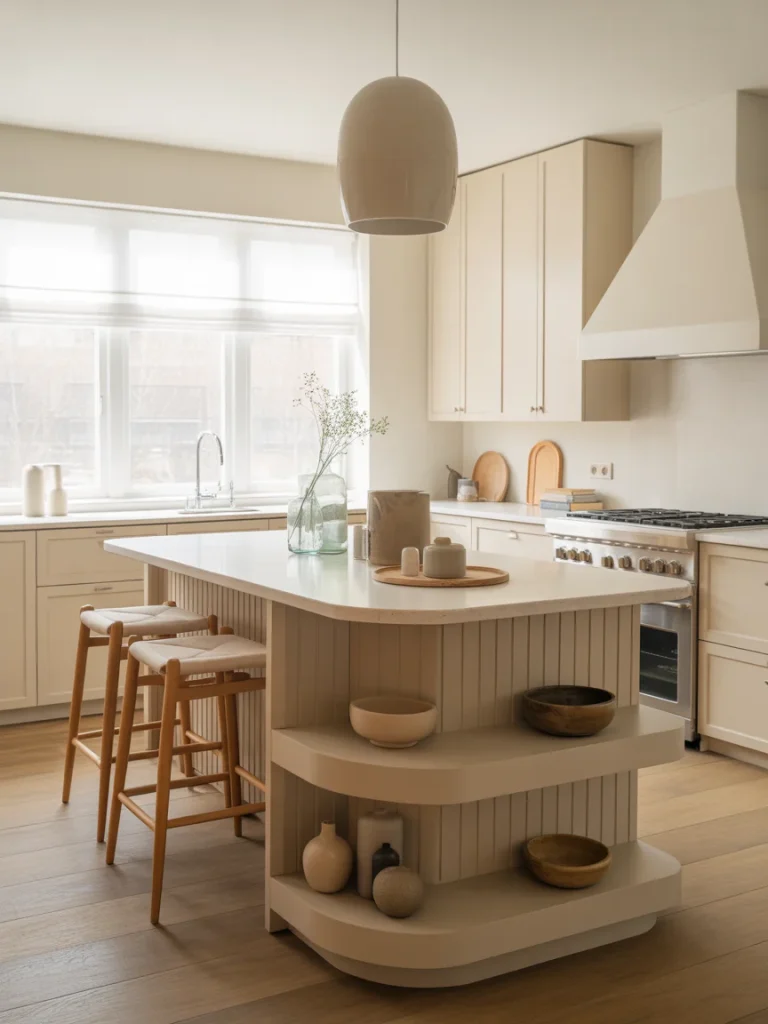 Modern neutral kitchen with a rounded island featuring decorative open shelves, wooden bar stools, and minimalist styling accents.