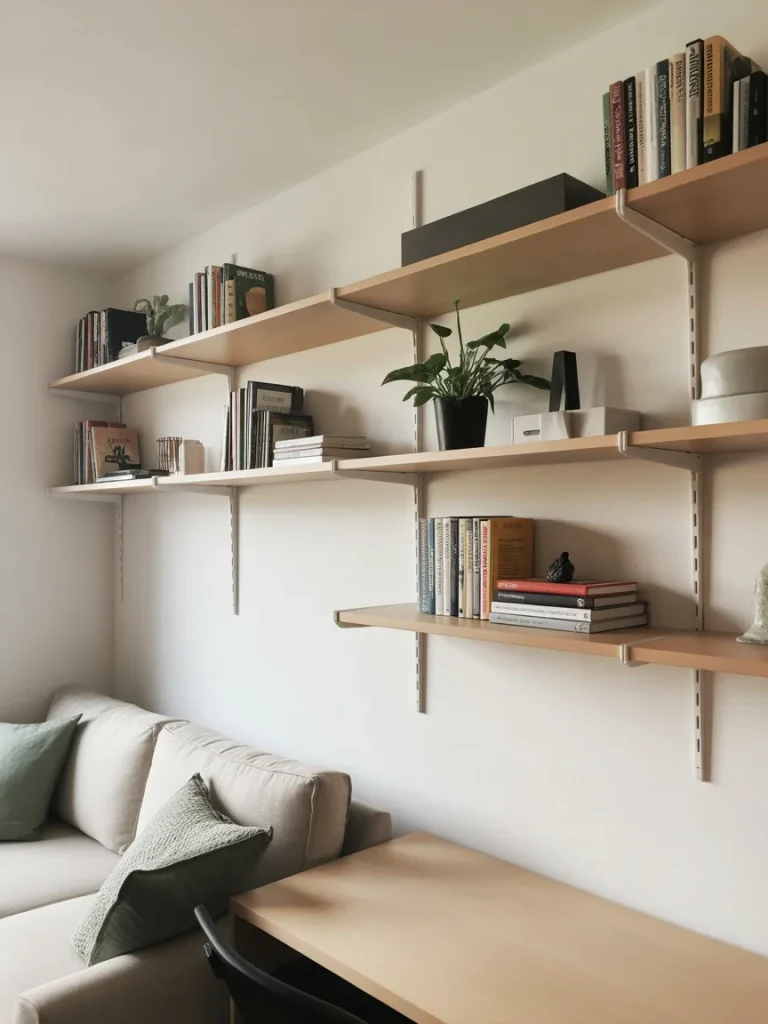 Floating wall shelves above a small sofa and desk in a compact living space, styled with books, plants, and decor.