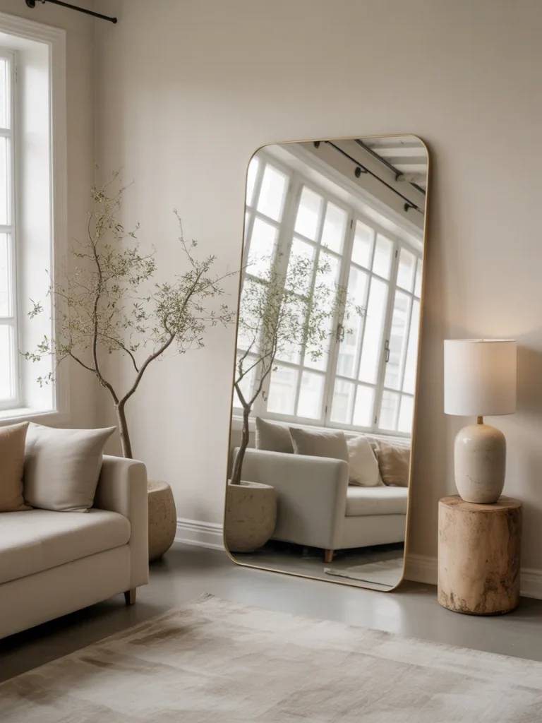 Minimalist living room with a floor-length mirror and neutral decor.