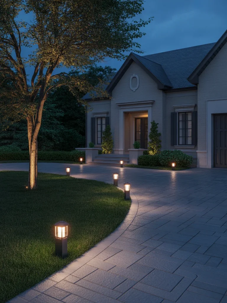 Elegant front yard and driveway illuminated with modern pathway lights at dusk.