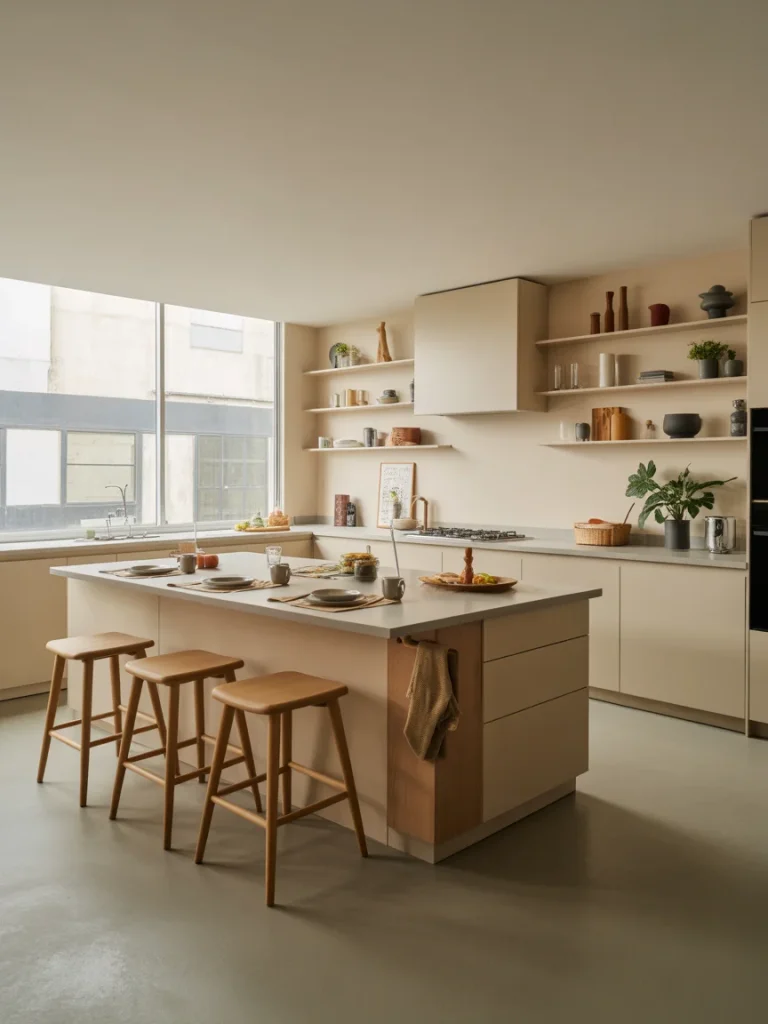 Modern kitchen with a spacious multi-level island featuring seating, storage, and open shelving.