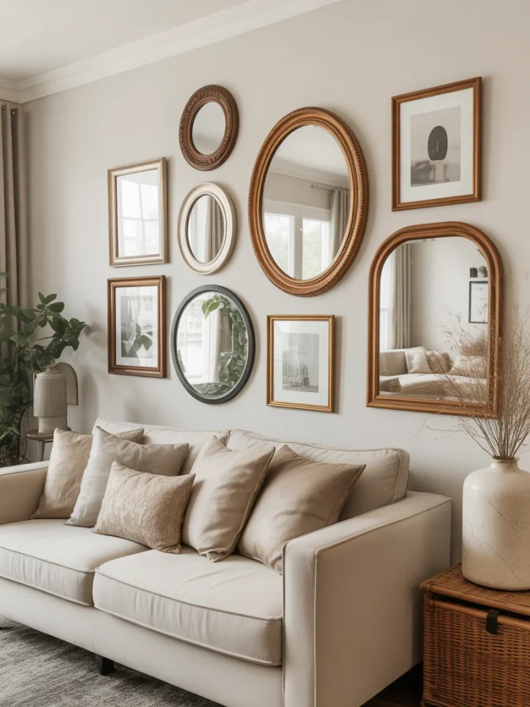 Gallery wall with assorted mirrors above a beige sofa in a cozy living room.