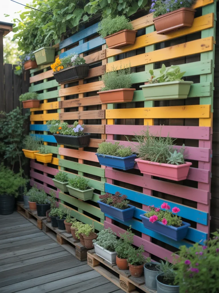Colorful garden pallet fence with potted plants and flowers in vibrant planters.
