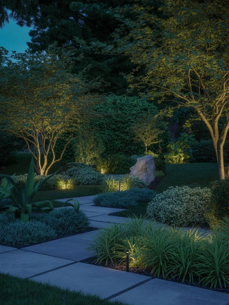 Beautifully lit garden pathway with modern landscape lighting highlighting trees and plants at dusk.