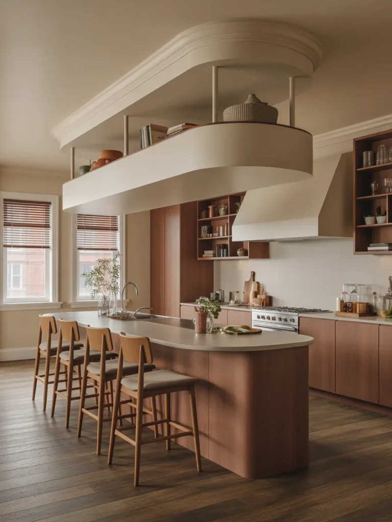 Modern kitchen with a curved multi-level island, overhead shelving, and bar seating designed for socializing and entertaining.