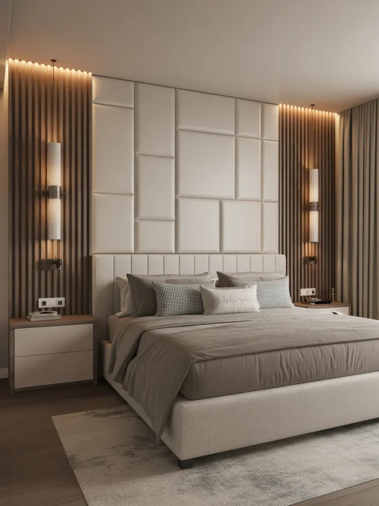 Modern bedroom with a headboard accent wall featuring padded panels and vertical wood slats.